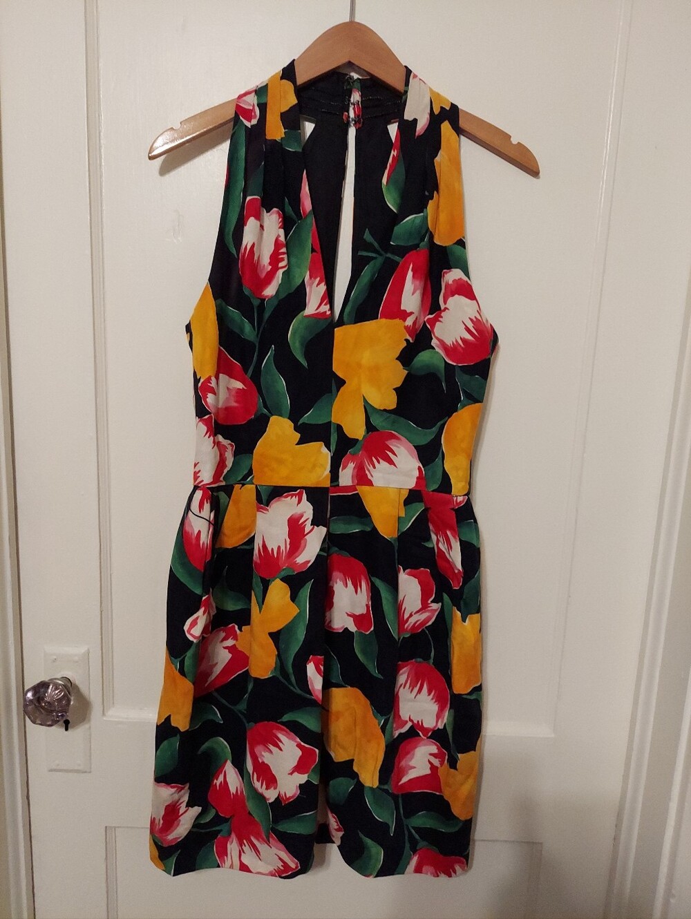 VTG 80s A.J. Bari Mini Dress Womens 12 Sheath Halter Neck Tulip 100%Cotton Party